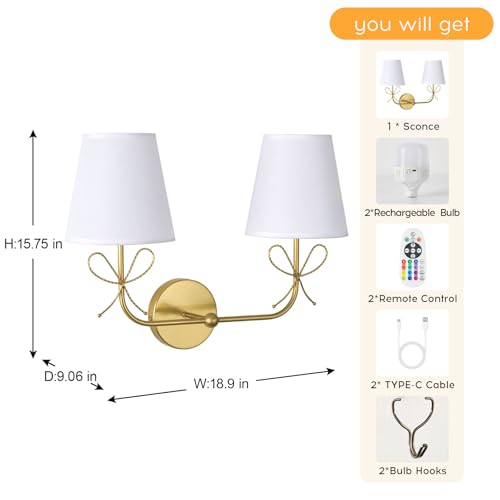 Image of PASSICA DECOR Bow Battery Operated Wall Sconce, Rechargeable Wireless Double Lights with Dimmable Bulbs, 15 Colors and Remote Control, Gold Wall Lamps for Bedroom, Bathroom