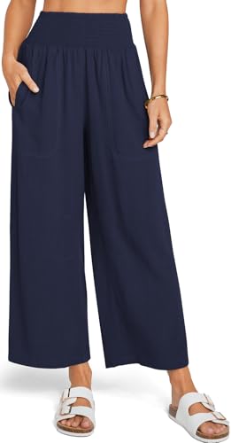 TARSE Women Linen Pants Wide Leg Elastic High Waisted Palazzo Trousers Casual Loose Beach Vacation Clothes with Pockets2