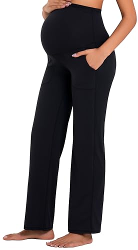 Sunzel Pantaloni premaman a gamba larga da donna con tasche, comodi leggings per yoga in gravidanza sopra la pancia per allenamento lounge, nero, L