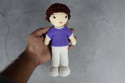 Image of Sutra Handmade Crochet Boy Doll in Purple Top & White Pants | Wool Amigurumi Plush Toy | Soft Handmade Gift for Kids, Nursery & Home Decor