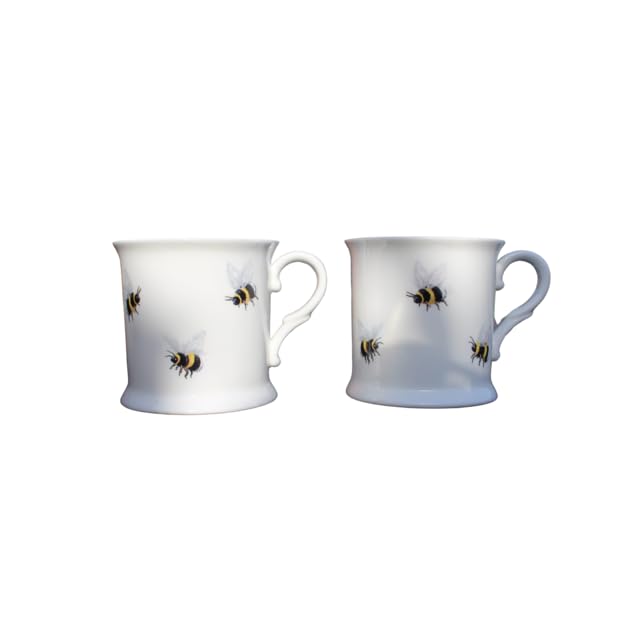 ROCK THE HOME Bees 2 Pack Small Tankard Mugs, White Fine English Bone China Cups, Made and Hand Decorated in England