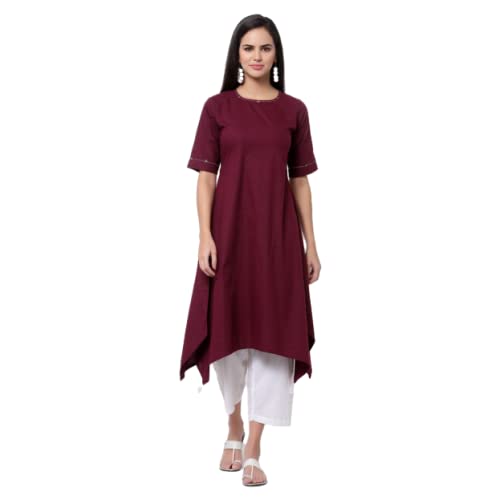 MyshkaWomen's Pure Cotton 3/4 Sleeve Round Neck Casual Maroon Dress