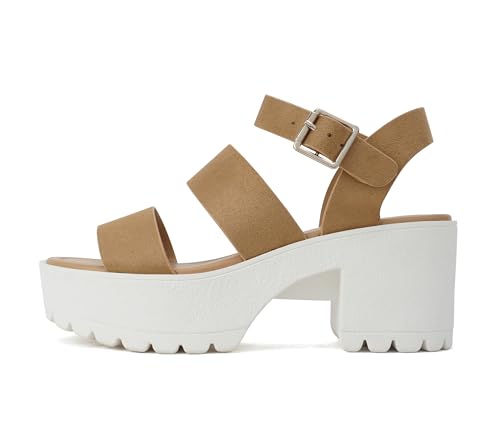 Image of Soda ACCOUNT ~ Women Open Toe Two Bands Lug sole Fashion Block Heel Sandals with Adjustable Ankle Strap