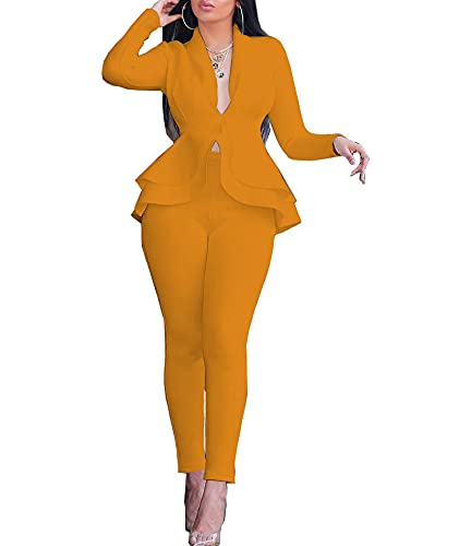 SEMATOMALA Women's Peplum Blazer Pencil Pant Set 2 Piece Casual Elegant Business Suit Solid Ruffle Jacket Bodycon Outfits