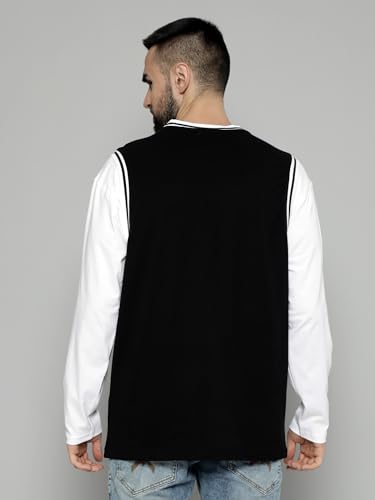 Image of Maniac Mens Solid Round Neck Half Sleeve Black and White Cotton Oversized T-Shirt