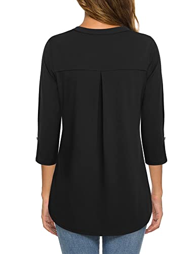 Gaharu Work Tunics For Women Office Summer Dressy Blouse V Neck 3/4 Tunic Shirt Fitted Casual Top Black,Large #TOP2