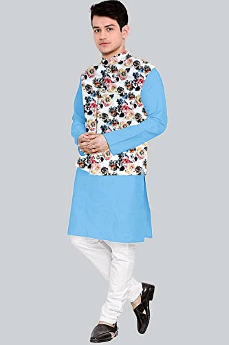 Image of Os Men's & boy kurta pyjama set with nerhu jackets (Multi printed) in cotton (baap beta|father son|)