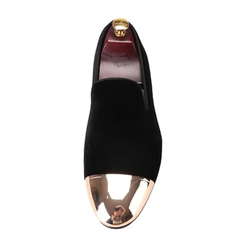FERUCCI Handmade Men Plain Black Velvet with Gold Toe Slippers Loafers
