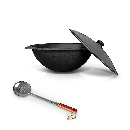 Kazan Hierro fundido 16 L Uzbeko con tapa de aluminio espumadera para Plov, 48 cm Uzbekistán olla cuchara de madera WOK Plov плов казан Kazan horno de fuego Plov cucharón Учак