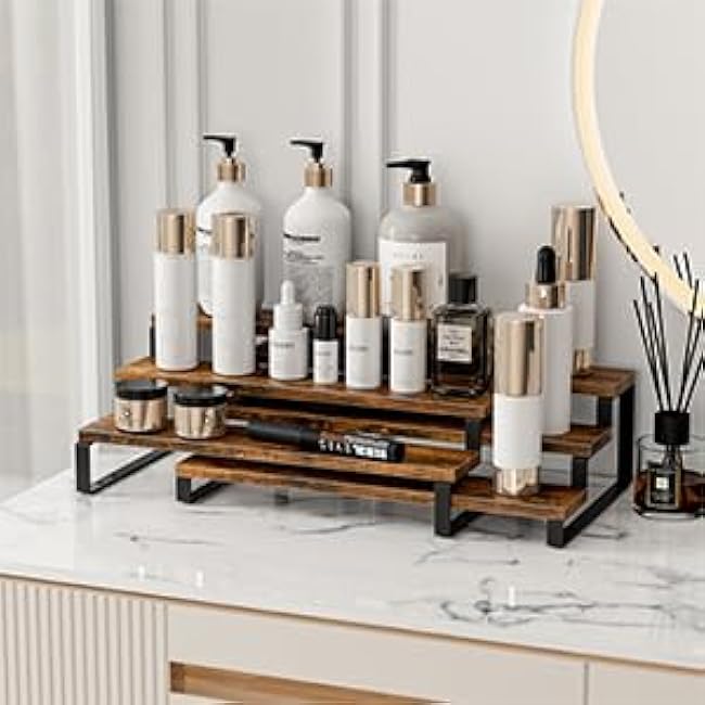 TEMI 3 Tier Spice Rack Organizers - 11.8 Inches Expandable Cabinet Organizers for Kitchen Organization, Rustic Brown Wood and Metal Tiered Shelves for Jars and Spices, Easy to Assemble, Set of 2