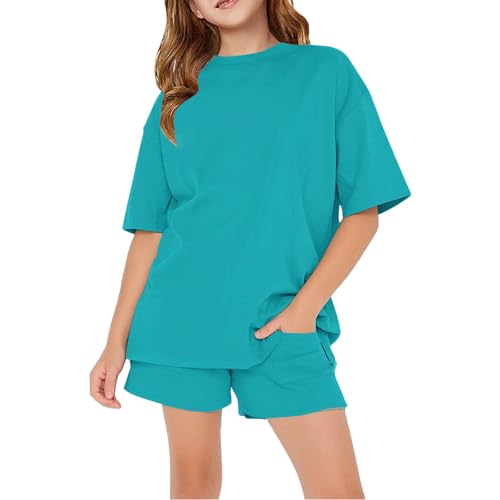 Girls Summer Outfits Casual Loose Crew Neck Short Sleeve T Shirt Shorts Set 2 Piece Drawstring Oversized Breathable Suit Kids Comfy Soft Fashion Athletic Clothing,Sky Blue, Size 11-12 Years