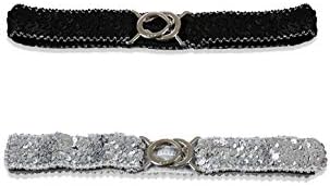 Sourcingmap Lady Sequins Decor Metal Interlooking Buckles Elastic Waist Belt Silver & Black Fit Waist Girth:19.68"/50cm to 29.52"/75cm