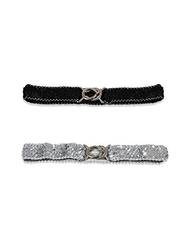 uxcell Lady Sequins Decor Metal Interlooking Buckles Elastic Waist Belt