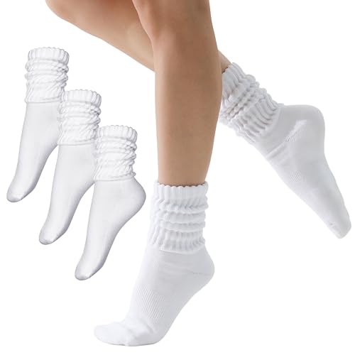 3-Pair Cotton Crew Slouch Socks Womens Scrunch Ribbed Soft Retro Boot Calf Sock