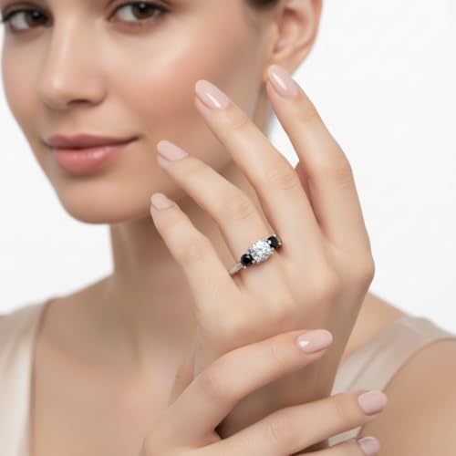 Image of Choose Your Gemstone Classic Three Stone Ring 925 Sterling Silver Round Shape 3 Stone Engagement Rings Everyday Jewelry Wedding Jewelry Handmade Gifts for Wife US Size 4 to 12