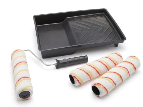 Fit For The Job 5 piece 9 inch Triple Paint Roller Set for DIY Painting with Emulsion Paints on Walls & Ceilings - Medium Pile Roller Sleeves for Smooth & Semi Smooth Surfaces with Frame & Tray 9