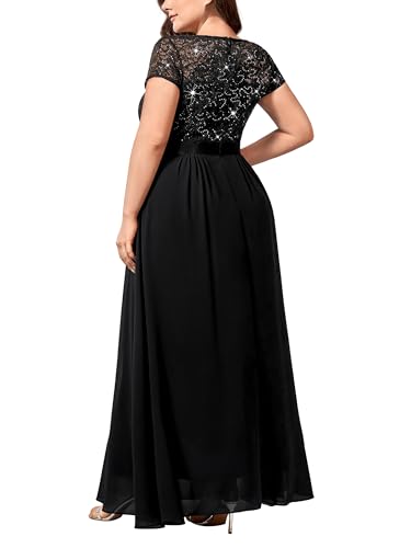 Image of Miusol Women's Plus Size Sequin Floral Lace V Neck Formal Gowns Evening Party Chiffon Maxi Dress