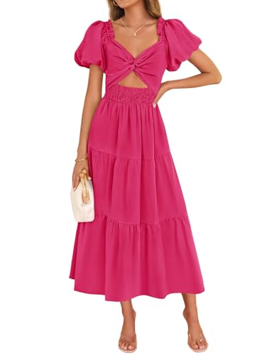 ZESICA Womens Summer Casual Flowy Vacation Maxi Dress 2026 Short Puff Sleeve A Line Smocked Cutout Beach Party Dresses,Rose,Small