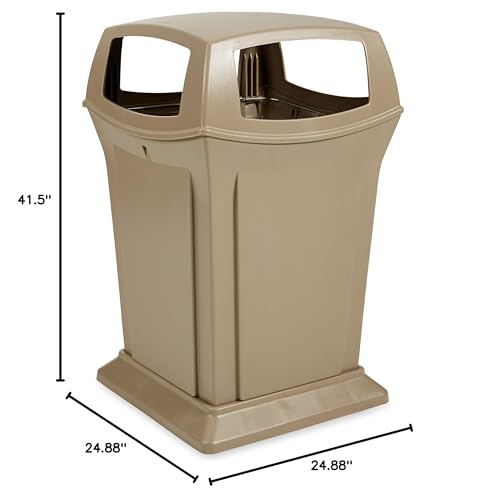 Image of Rubbermaid Commercial Products Ranger Trash Can with 4 Opening Lid, 45 GAL, Beige Plastic, Outdoor for Stadiums /Parks /Shopping Plazas