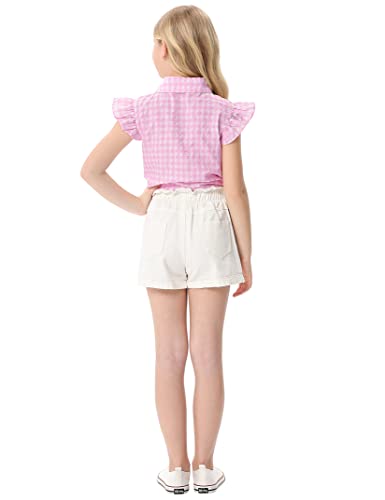 Girls Sleeveless Plaid Button Down Shirt Summer Crop Tops Tie Knot Ruffle Sleeve Shirt Blouse 3-12Y3