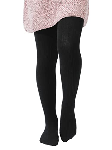 Image of Paralinda Girls' Cotton Tights - Toddler Cable Knit Footed Tights (Pattern A Black, 5-6Y)