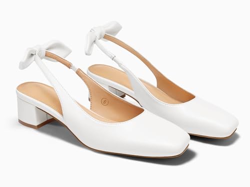 Image of Coutgo Womens Chunky Low Heels Bow Slingback Pumps Closed Square Toe Wedding Party Dress Shoes