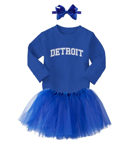 Detroit - State Proud Strong Pride Sports Long Sleeve Toddler T-Shirt + Tutu Skirt + Bow Headband Set (Long Sleeve Royal Blue T-Shirt/Royal Blue Tutu, 3T)2