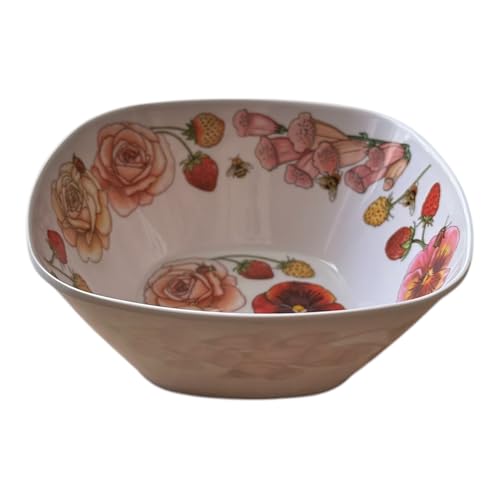 Ciotola Decorativa in Melamina con Motivo Floreale, Rose e Fragole, Design Primaverile, Ciotolina da snack, Ciotola da Cucina (7x15 CM)