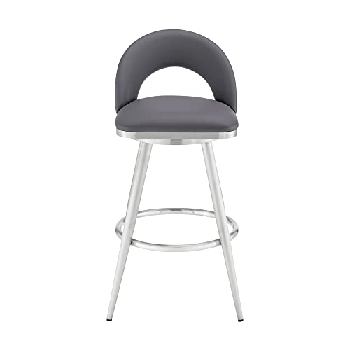 Armen Living Charlotte Swivel Bar Stool in Brushed Stainless Steel with Grey Faux Leather