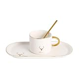 Primst Matte Keramik Teetasse Untertasse Box Set Mit Löffel Klassische Kaffeetasse Für Restaurant Und Familie Golden Trim (Pure White)