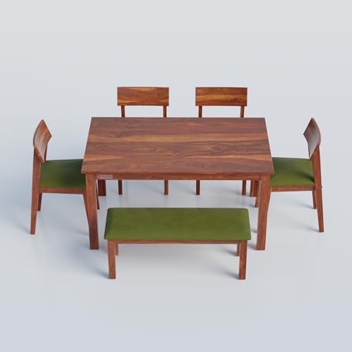 Image of DRIFTINGWOOD Liana 6-Seater Dining Table Set � Sheesham Wood Natural Honey Finish with Table, 4 Cushioned Chairs & Bench - Ideal for Kitchen & Living Room - Assembly Required
