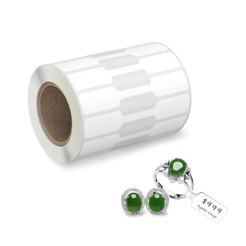 BAR-CODING TECH®, 1200 Pcs, Jewelry Price Tags, Glossy Finish, Dumbbell Self Adhesive White Blank Jewelry Stickers for Bracelet, Ring, Necklace, Earring, Clothing Display (1 Roll, 1200 Labels/Roll)