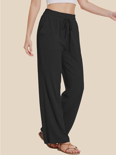 Moss Rose Women's Linen Pants Drawstring High Waisted Flowy Wide Leg Palazzo Trousers with Pockets3