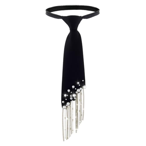 Vinzar Black Tie Choker Pearl Y-Necklace Silver Tassels Choker Long Tie Necklace for Women
