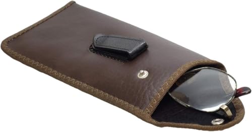 Image of Calabria Slim Snap Button Flap Eyeglass Case with Pocket Clip - Faux Leather Felt Lined | Lightweight Protective Holder | Universal Size | Brown (50 Pack)