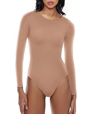 AMAZON - YIANNA Long Sleeve Bodysuit for Women Crew Neck Body-hugging Body Suits Tops Thong,YA5275-Sienna-M