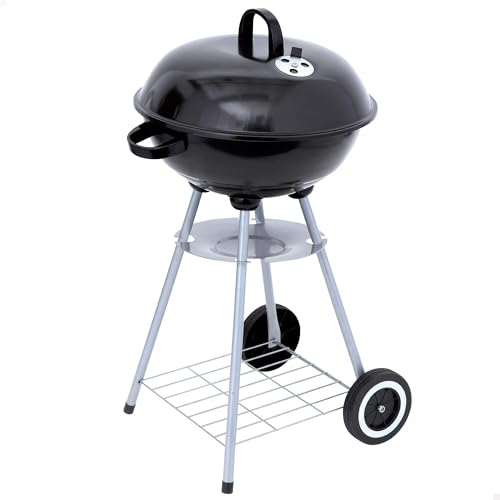 AKTIVE Barbacoa carbón portátil redonda 46x89 cm con tapa y rejilla de ventilación Doble parrilla con rejilla de ventilación 2 ruedas incorporadas para fácil transporte
