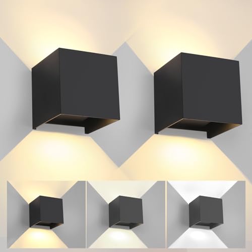 2 Pack LED 20W Outdoor Wall Lights Exterior/Interior 3 Colors Adjustable Wall Sconce Up and Down Light Porch Lights IP65 Waterproof Exterior Wall Sconce Modern Outdoor Lighting Square Aluminum Black