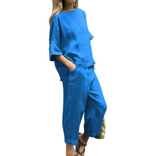 Womens Two Piece Linen Sets 3/4 Sleeve Blouse Top Loose Capri Pants Sets with Pockets Solid Color