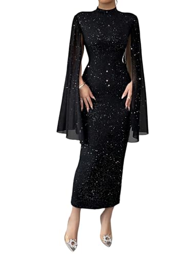 SweatyRocks Pailletten Kleid Damen Party Langarm Kleid Herbstkleid Elegant Maxikleid Mesh Glitzerkleid Lang Party Kleider Abendkleider Schwarz S