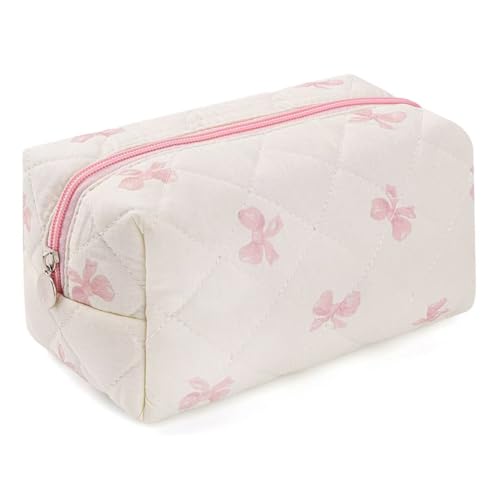 Image of Floral Quilted Makeup Bag - Cosmetic and Skincare Product Pouch, Fashionable Travel Puffy Coquette Makeup Bag, Small Cute Attractive, Bow, Modern