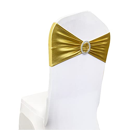 Image of Spandex Chair Sashes Bands 50PCS Stretch Chair Ties Bows with Buckle Slider for Wedding Party Banquet Decoration (Metallic Gold) | Stretch Chair Ties Bows, With Buckle Slider, For Wedding Party Banquet Decoration
