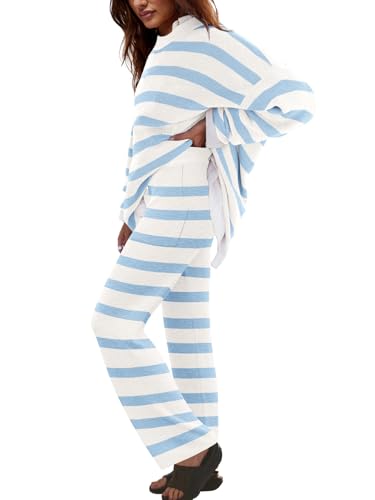 Image of LAMISSCHE Oversized Womens Lounge Set Striped Sweater Set Long Sleeve 2 Piece Pajama Set Top and Pants with Pockets