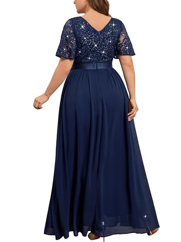 MISSMAY Women's Plus Size Wrap V Neck Sequins Lace Contrast Chiffon Formal Maxi Dress with Rhinestone Ribbon Waist2