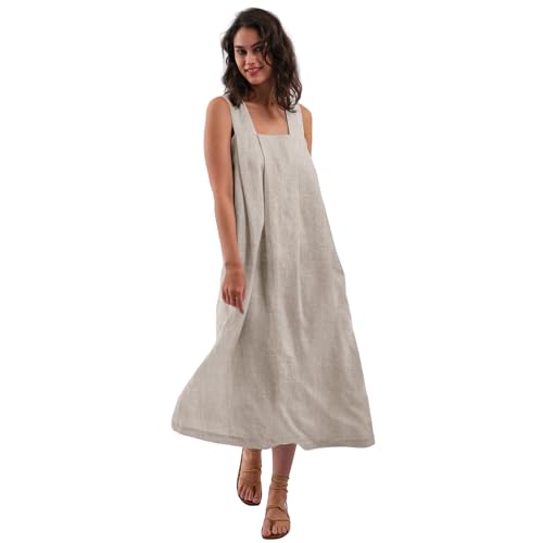 Amazhiyu Women's Pure Linen Summer Sleeveless Strap Midi Dresses with Pockets Flax, Small