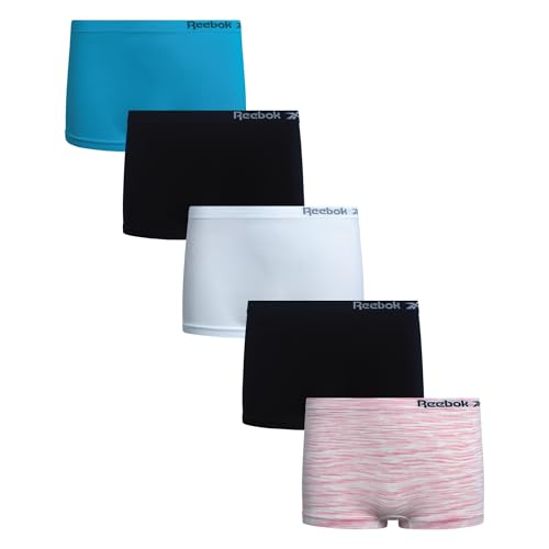 Reebok Girls Boyshorts Underwear - 5 Pack Soft Breathable Panties Boy Shorts Seamless Underwear for Girls (Sizes: 6-16) Size 12-14 Scuba Blue/White Spacedye/Black/White