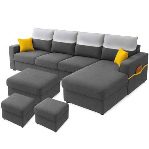 Image of Furny Tokiaa 8 Seater Fabric RHS L Shape Sofa Set with 1 Centre Table & 2 Puffy (Dark Grey) | Soft Velvet Fabric | Modern Design | Comfortable Seating | Living Room Furniture