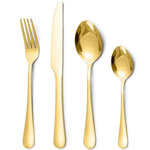 Gold Cutlery,Knife and Fork Sets,32 Piece Cutlery Set for 8 People,Stainless Steel Gold Flatware Set,Mixed Tableware Sets,Dishwasher Safe,Easy Clean,Mirror Polished