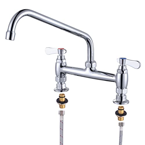 Iviga Commercial Sink Faucet With 12” Swivel Spout & Supply Lines, 8" Center Deck Mount Kitchen Faucet, Dual Handles Brass Utility Sink Faucet For Laundry Room Restaurant Compartment Sink, Polish #TOP5