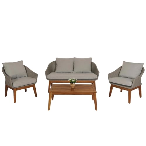 Mendler Gartengarnitur HWC-N37, Garten-/Lounge-Set Sofa Sitzgruppe, Poly-Rattan Holz Akazie - grau, Kissen hellgrau